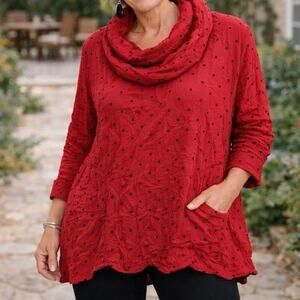 Comfy USA Cowl Neck Crinkle Tunic Small Red Polka Dot Layering Lagenlook